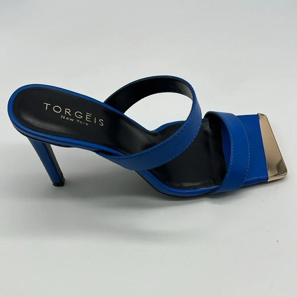 Torgeis - Antilles Bold Blue With Gold Tips Strap Sandal Open Toe Heels Size 7